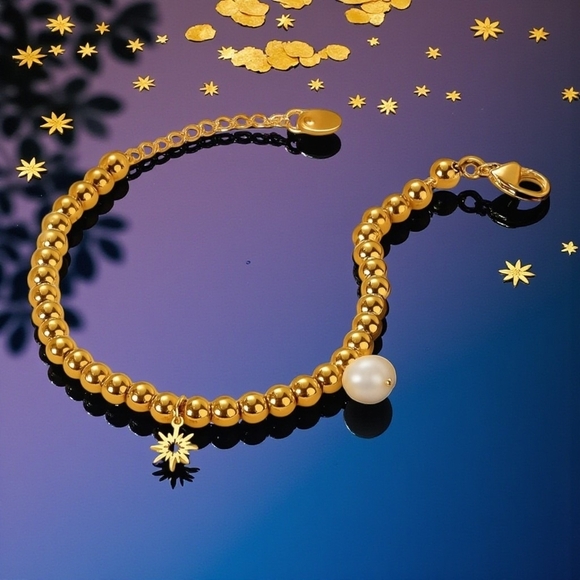 🆕️18K Gold Plated Stainless Steel Beaded Bracelet with Sun & Pearl Charms ✨ - Picture 5 of 12